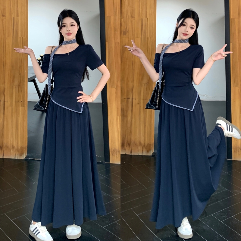 FA36588# 新款大码女装夏装露肩纯棉针织上衣半身裙套装 服裝批發女裝批發服飾貨源