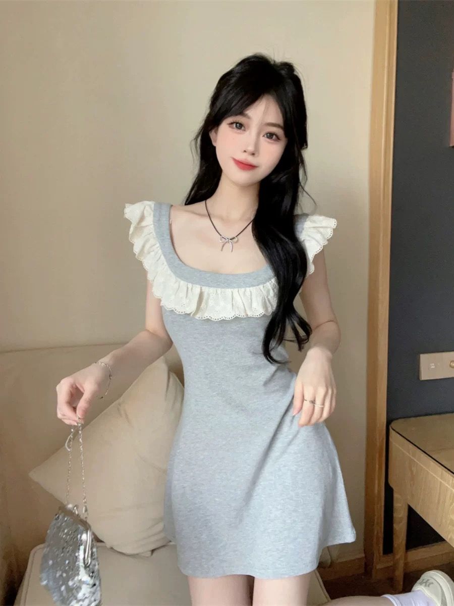 MY6075# 性感飞飞袖拼接蕾丝花边连衣裙女夏季辣妹修身显瘦A字短裙女裝貨源服裝批發