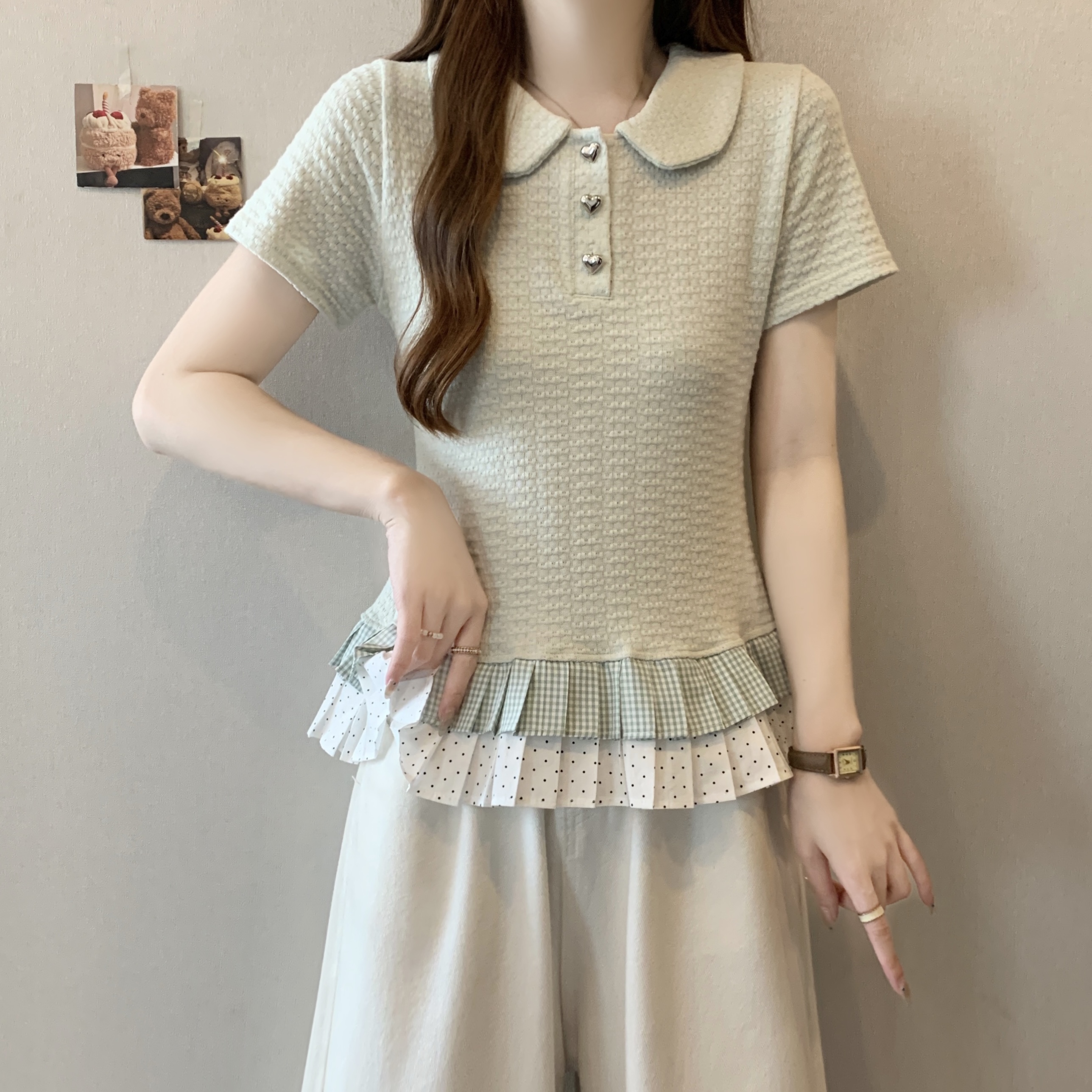 MY6182# 大码胖MM甜美假两件拼接短袖t恤新款设计感小众上衣女裝貨源服裝批發