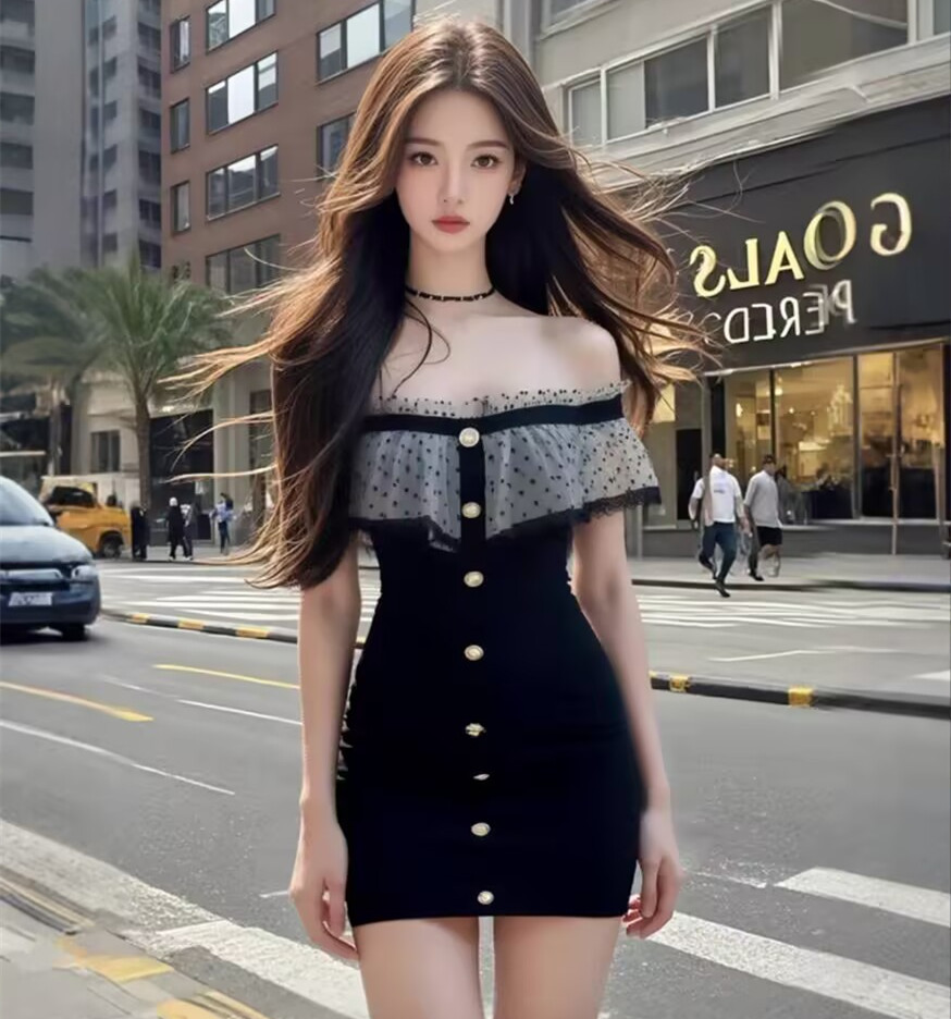 LN76164# 夏季新款时尚黑色单排扣收腰包臀连衣裙子女小众高级气质显瘦