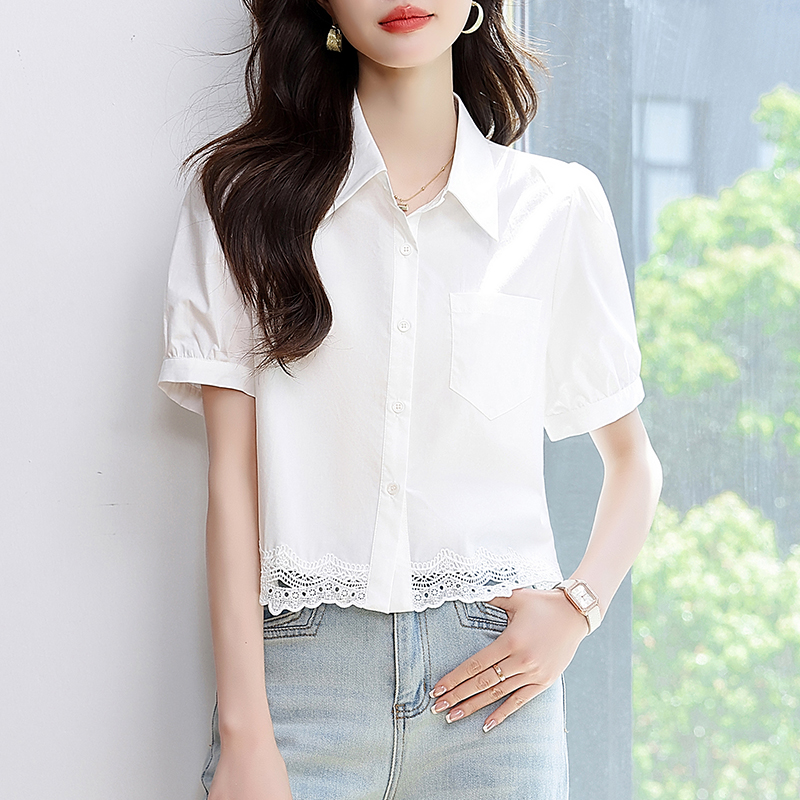 실사 레이스 조각 화이트 여성 셔츠 2026 년 여름 새로운 디자인 센스 반팔 셔츠 쇼트 스타일 맨위