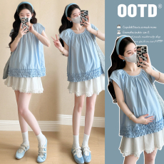 批发<b class='q'>实拍</b>2026夏新款韩版花边拼接中长款<b class='q'>孕妇</b><b class='q'>短袖</b>上衣+<b class='q'>孕妇</b><b class='q'>百褶裙</b>