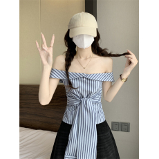 批发实拍实价 夏季新款一字肩上衣<b class='q'>女</b>绑带<b class='q'>短袖</b>修身韩系设计感条纹<b class='q'>衬衫</b>