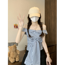 批发实拍实价 夏季新款一字肩上衣<b class='q'>女</b>绑带<b class='q'>短袖</b>修身韩系设计感条纹<b class='q'>衬衫</b>