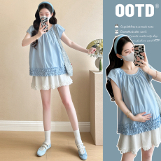 批发<b class='q'>实拍</b>2026夏新款韩版花边拼接中长款<b class='q'>孕妇</b><b class='q'>短袖</b>上衣