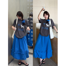 实拍 大码卡通小狗百搭休闲宽松T恤+花苞半身裙显瘦两件套女