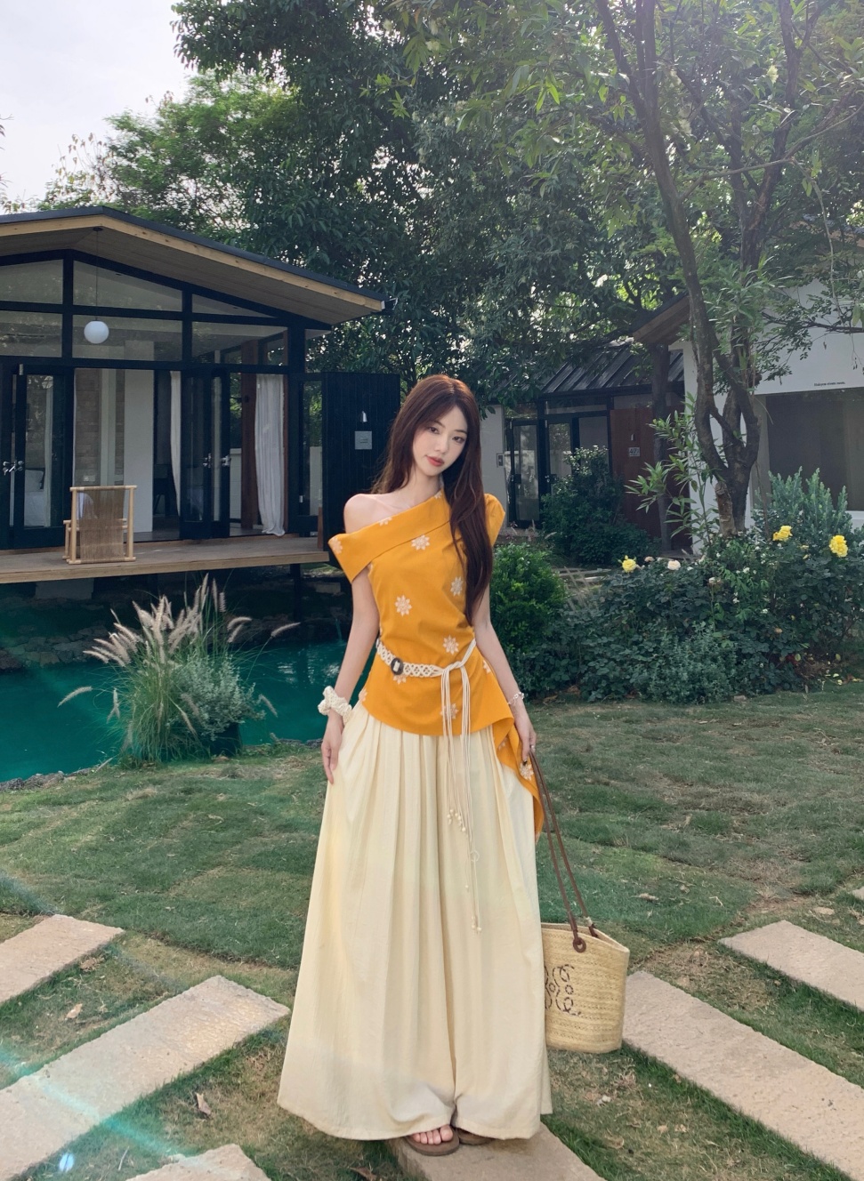 실사 정가 보헤미안 비스듬한 뒤집다 수신 Pleat 민소매 맨위 하이웨이스트 루즈핏 와이드 레그 팬츠 큰 진자 우산 치마 트렌디