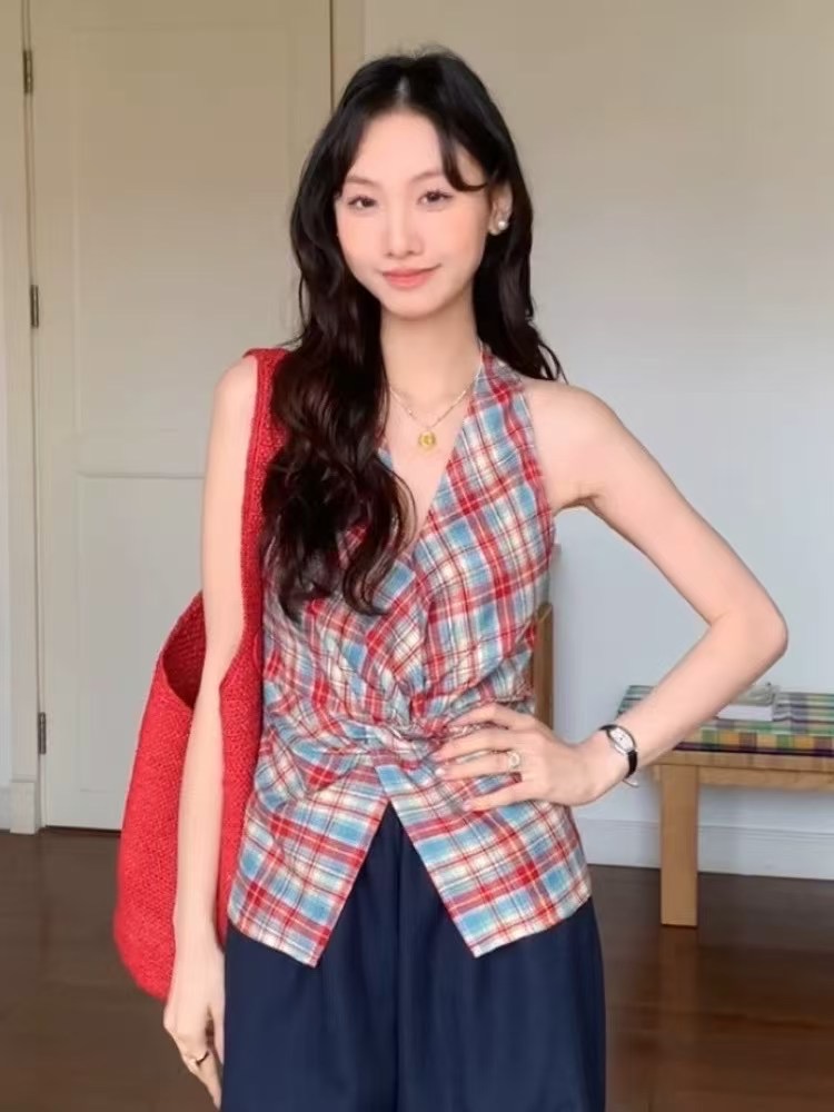 MY12639# 2025夏新款气质撞色V领格子背心女设计感纯欲扭结开叉上...