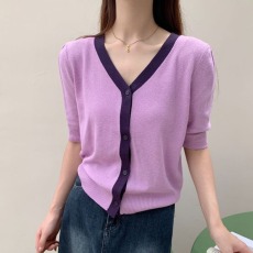 批发撞色短袖针织<b class='q'>开衫</b>女装薄款2026年夏季宽松慵懒风短款v领防晒上衣
