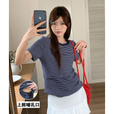 批发实拍 哺乳纯棉T恤产后辣妈百搭显瘦喂奶条纹亲肤上衣月子期服