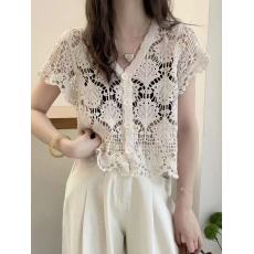 批发2026夏季韩版新款宽松单排扣短款ins镂空性感短袖开衫蕾丝衫