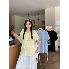 批发实拍2026夏装新款胖mm大码女韩系蕾丝蝴蝶结开叉设计感短袖T恤