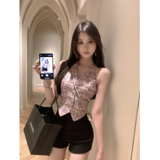 批发实拍现货 夏季新款气质小香马夹女挂脖设计收腰剪裁编织格纹马甲