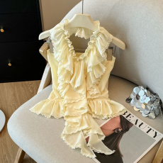 批发实拍 夏季<b class='q'>新款</b>夏日海滩度假风甜辣荷叶边挂脖<b class='q'>雪纺上衣</b>女