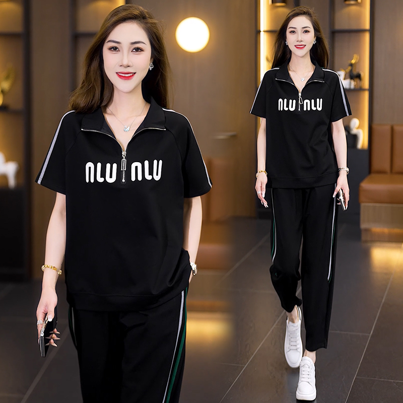 실사 2026 여름 드레스 새로운 빅 사이즈 티셔츠 중년 여성 맨위 반팔 세트 얇은 스타일 l 투피스 세트