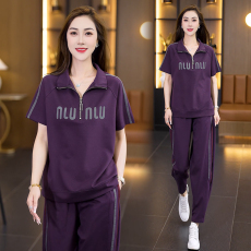 批发实拍 2026夏装新款<b class='q'>中老年</b>女装套装宽松遮肚胖mm短袖长裤两件套