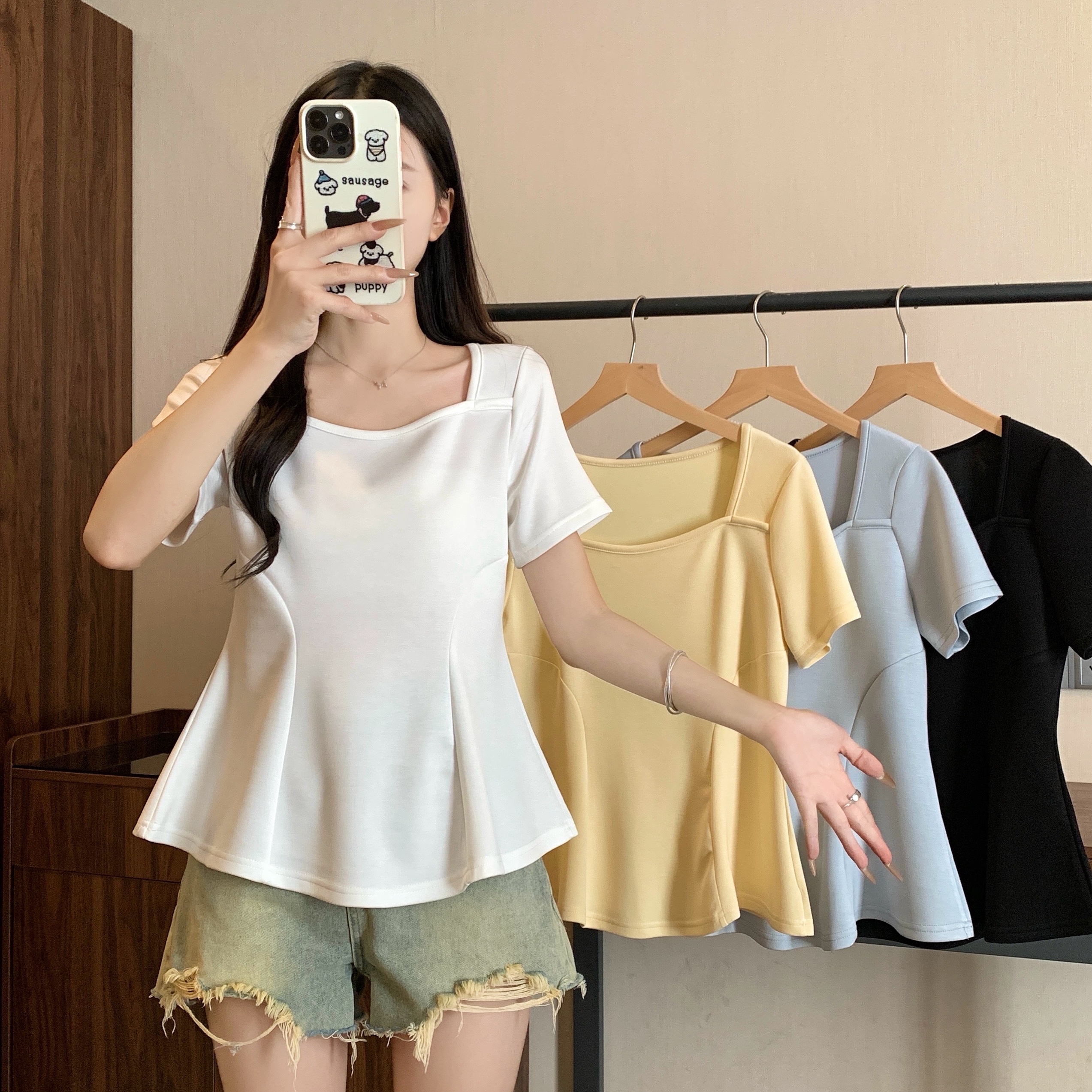 FA21217# 夏季大码女装新款方领正肩显瘦鱼尾短袖T恤服裝批發女裝批發服飾貨源
