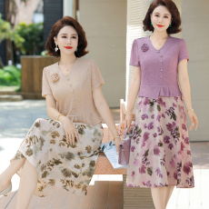批发<b class='q'>妈妈</b>装针织<b class='q'>假两件套</b>短袖连衣裙女2026夏装新款<b class='q'>中年</b><b class='q'>大码</b>印花裙子