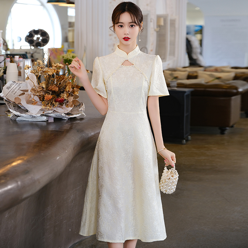 MY14741# 新款中式复古短袖蕾丝旗袍中长连衣裙女裝貨源服裝批發