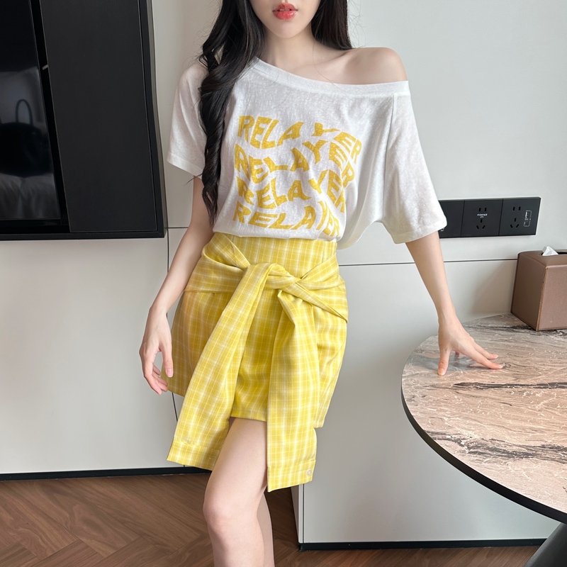 MY7421# 夏季新款印花T恤上衣绑带格子半身短裙套装女裝貨源服裝批發