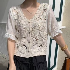 批发钩花镂空正肩<b class='q'>短袖</b><b class='q'>T</b><b class='q'>恤</b>女2026夏季大码胖mm显瘦喇叭袖短款小衫上衣