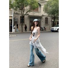 批发雪纺+内里 微胖mm度假风吊带<b class='q'>连衣裙</b>女<b class='q'>荷叶边</b>白色波点裙