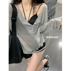 批发慵懒风灰色长袖T恤夏季设计感宽松套头薄款防晒<b class='q'>罩衫</b>