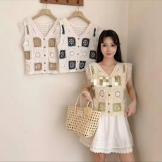 批发新款甜美森系度假风镂空钩花针织<b class='q'>马甲</b>女春季时尚减龄宽松百搭上衣