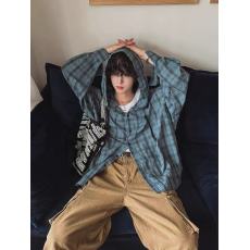 批发网图 长袖连帽格子衬衫男女款春秋复古美拉德格纹情侣衬衣外套