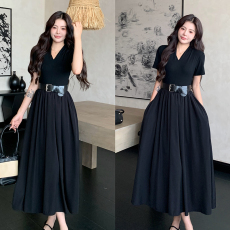 批发大码女装夏季新款简约V领松紧腰收腰显瘦<b class='q'>连衣裙</b>休闲长裙配腰带