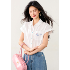 批发实拍◆有◆polo领彩色纽扣刺绣白衬衫女夏季设计感<b class='q'>短袖</b>上衣