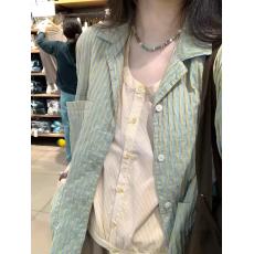 批发【原版纯棉面料带<b class='q'>饰品</b>章】复古绿色条纹短袖<b class='q'>衬衫</b>外套女夏宽松上衣