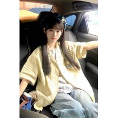 批发【原版纯棉面料带<b class='q'>饰品</b>章】复古黄色条纹短袖<b class='q'>衬衫</b>外套女夏宽松上衣