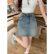 批发实拍2026夏季新款<b class='q'>胖</b>mm<b class='q'>大码</b>女烫钻高腰牛仔短裙梨形身材遮胯半身裙