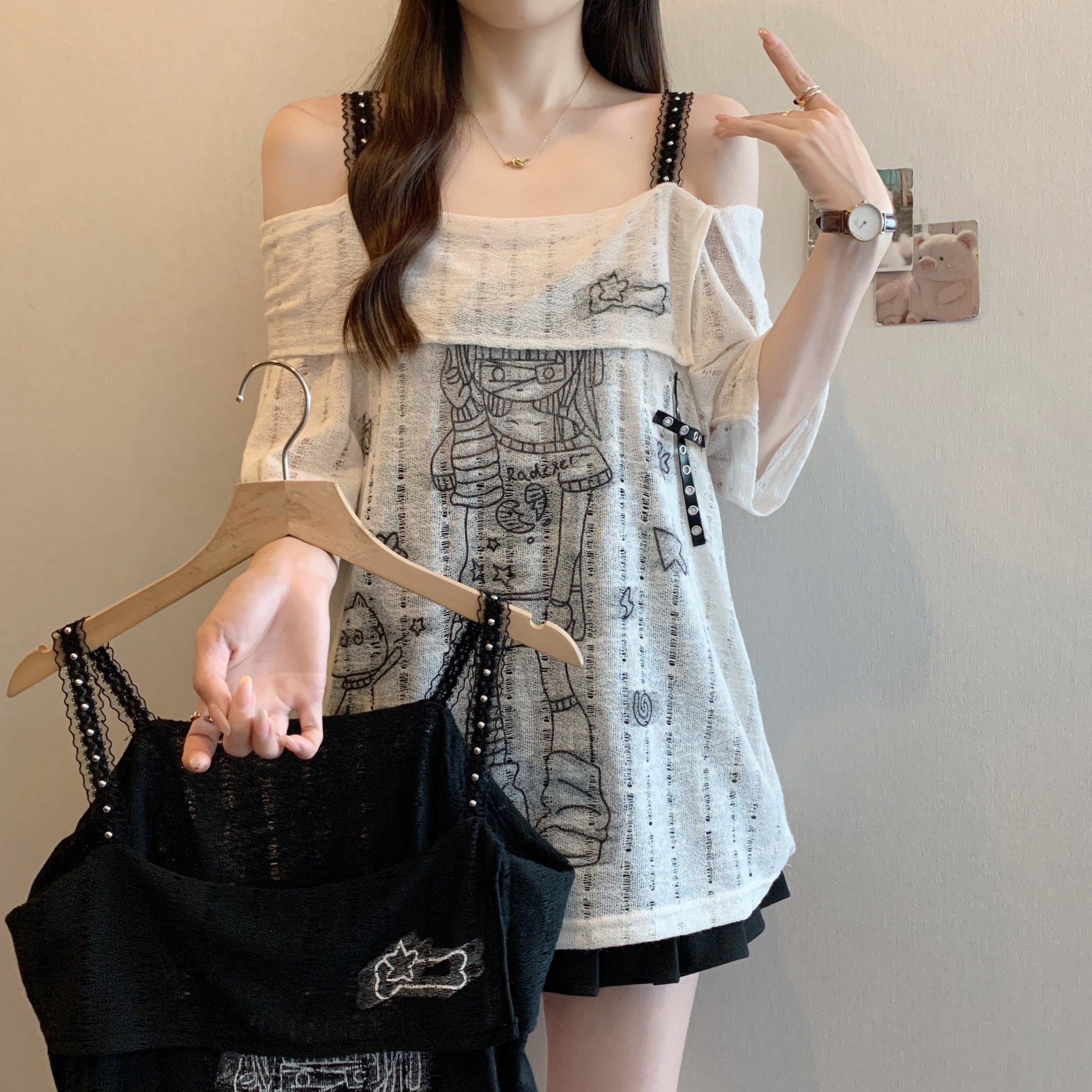 FA25540# 大码女装夏季新款一字肩蕾丝吊带短袖T恤宽松显瘦印花上衣 服裝批發女裝批發服飾貨源