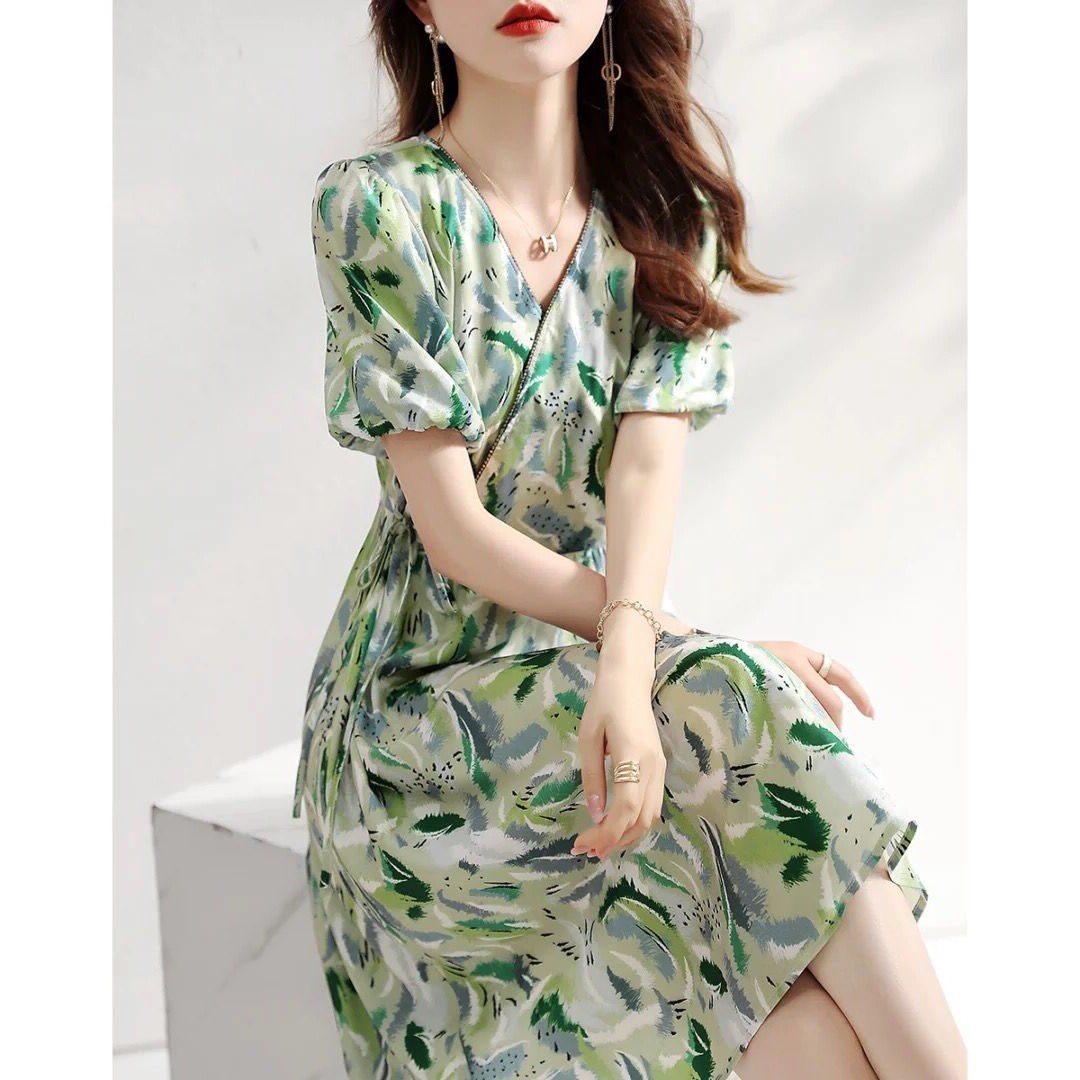 MY8567# 法式新款小个子中长连衣裙大码夏季印花短袖A版收腰衬衫领女裙子女裝貨源服裝批發