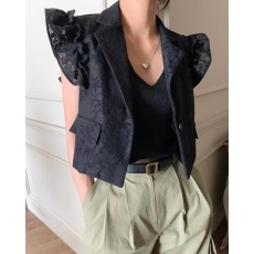 批发韩版新款<b class='q'>蕾丝</b>花朵个性大荷叶边短袖西装领外套气质女
