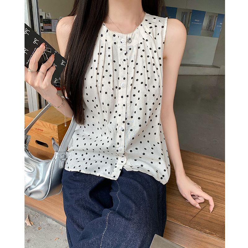 MY6509# 波点衬衫女夏季新款百搭宽松设计感小众无袖小衫潮女裝貨源服裝批發