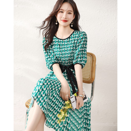 MY8564# 夏季绿色收腰显瘦连衣裙子百搭新款中长女装时尚大气复古出游拍照女裝貨源服裝批發