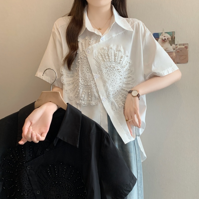 MY6654# 大码女装胖MM时尚重工艺立体绣花订炮珠减龄不规则衬衣上衣女裝貨源服裝批發