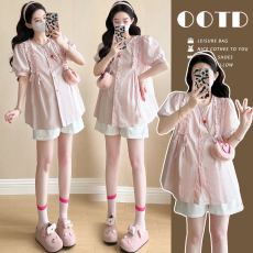 批发实拍现 孕妇洗水棉<b class='q'>上衣</b> 开扣可<b class='q'>哺乳</b><b class='q'>衬衫</b>可遮臀托腹短裤两件套