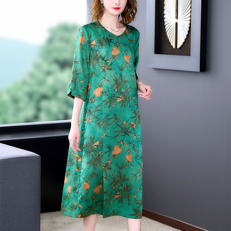 MY14850# 香云纱连衣裙女夏新款气质高端品牌真丝桑蚕丝改良旗袍妈妈款...