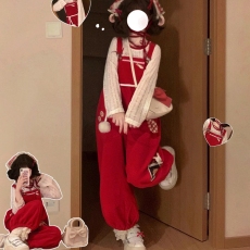 批发2025夏季红色工装<b class='q'>背带裤</b>女新款宽松显瘦直筒阔腿裤休闲拖地长裤子