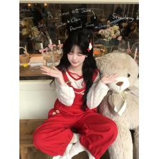 批发多巴胺可爱学院风红色<b class='q'>背带裤</b>女春秋小个子宽松显瘦减龄阔腿裤子潮