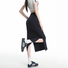 批发lulu运动风藏蓝侧开叉半身裙<b class='q'>中长款</b>女夏季时尚包臀显瘦过膝半身裙