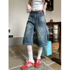 批发实拍 ~美式复古水洗五分<b class='q'>牛仔裤</b>女新款高腰宽松直筒阔腿中裤