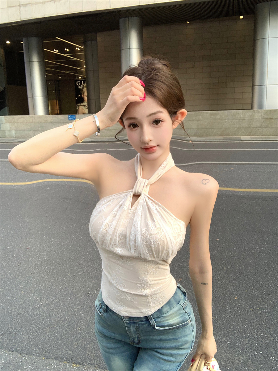 실사 정가 새로운 화이트 레이스 행침 목 허리 수축 캐미솔