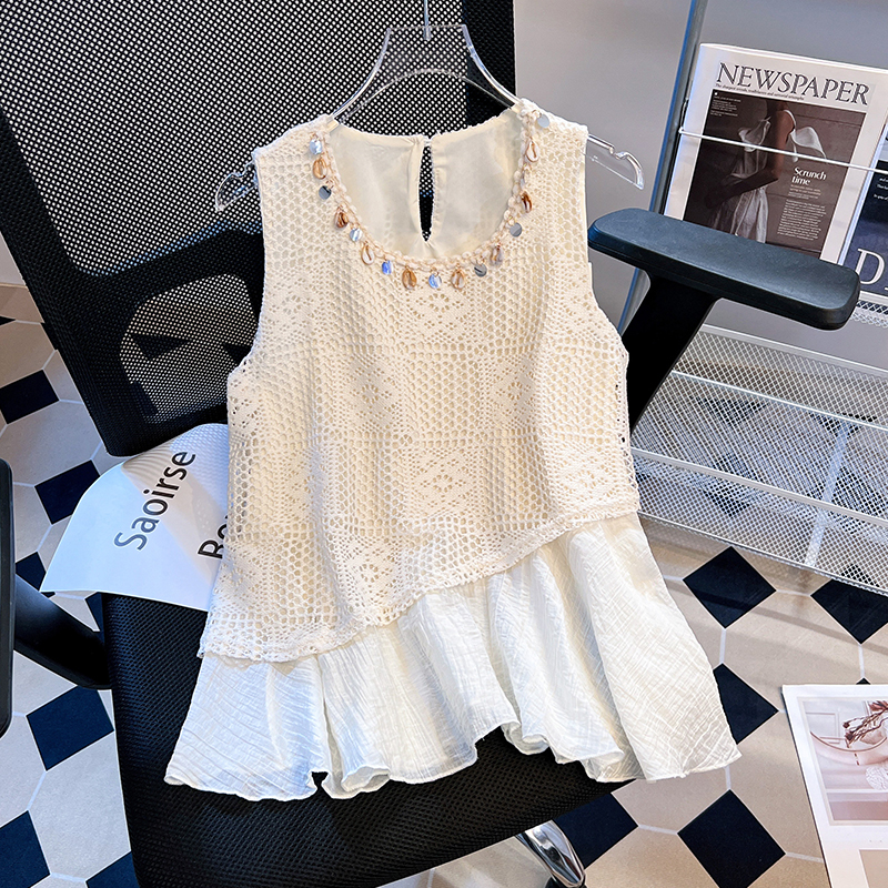 MY6944# 波西米亚风假两件拼接镂空无袖上衣女夏季设计感坎肩吊带背心外穿女裝貨源服裝批發