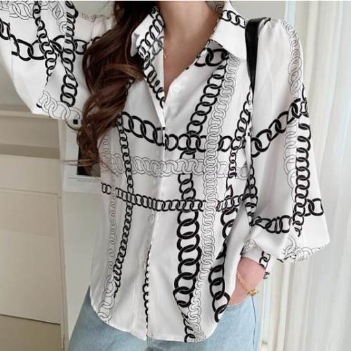 홍콩 느낌 봄 POLO 칼라 벌룬 소매 쉬폰 여성 셔츠 가을 셔츠 빅 사이즈 새로운 디자인 센스 작은 대중 외국 가스 셔츠