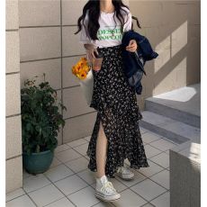 批发2026复古碎花开叉性感长裙雪纺蛋糕荷叶边中长款不规则半身裙